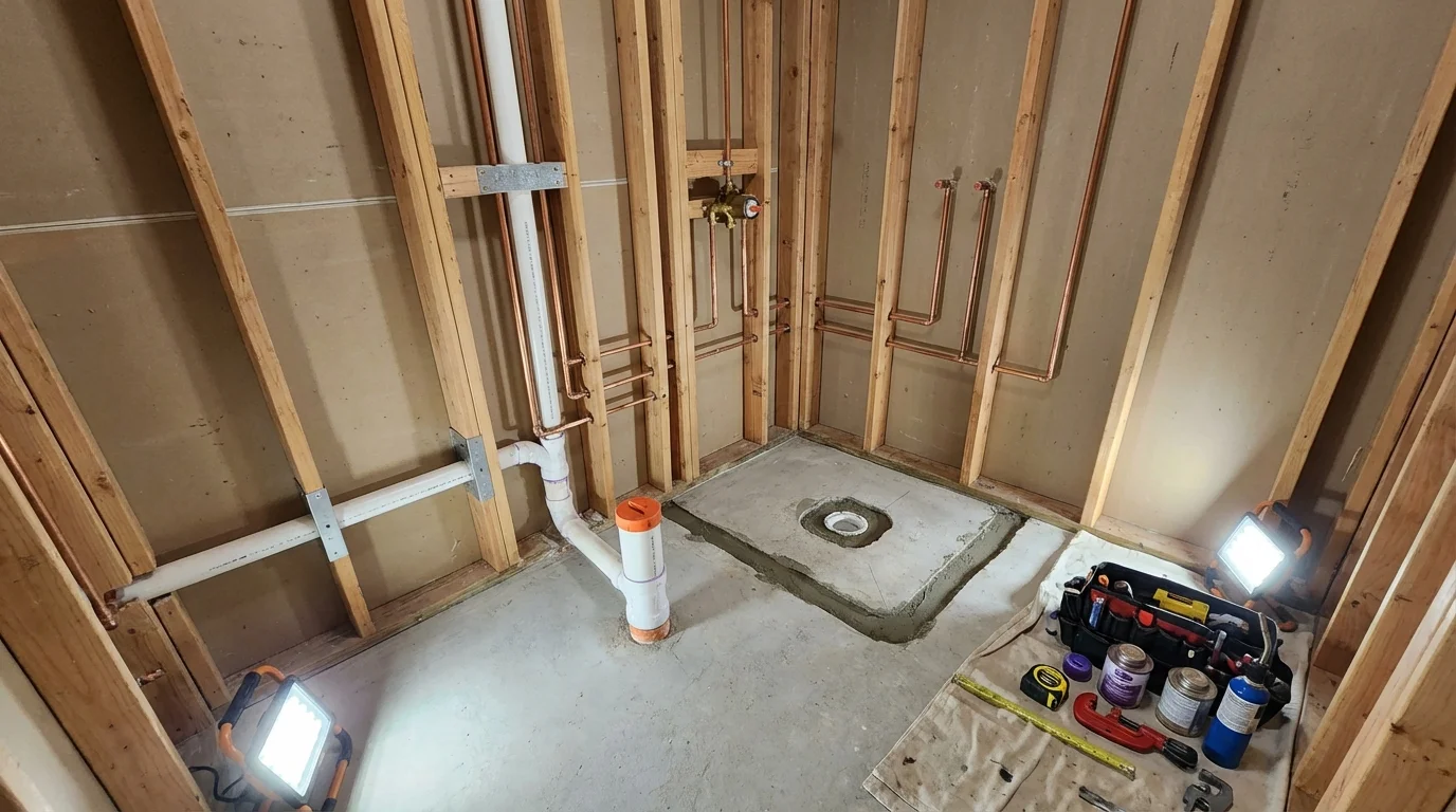 Bathroom rough-in plumbing during remodel by Johns Plumbing LLC in Saint Ignace