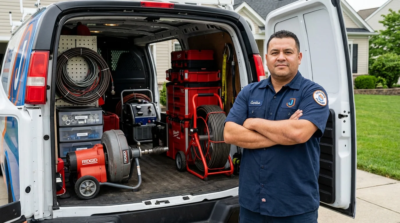 Professional drain cleaning equipment and Johns Plumbing LLC plumber in Saint Ignace