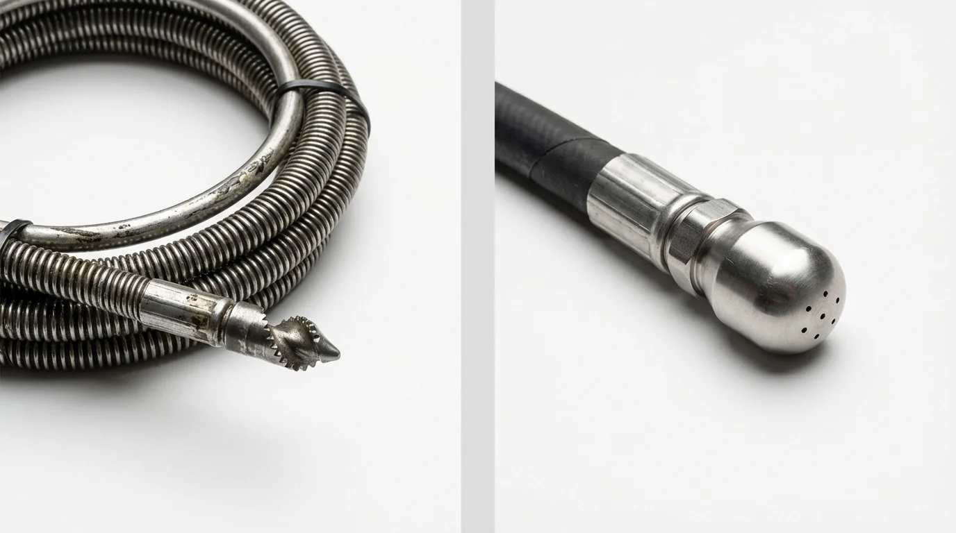 Drain snake cable and hydro jetting nozzle used for drain cleaning in Saint Ignace, MI