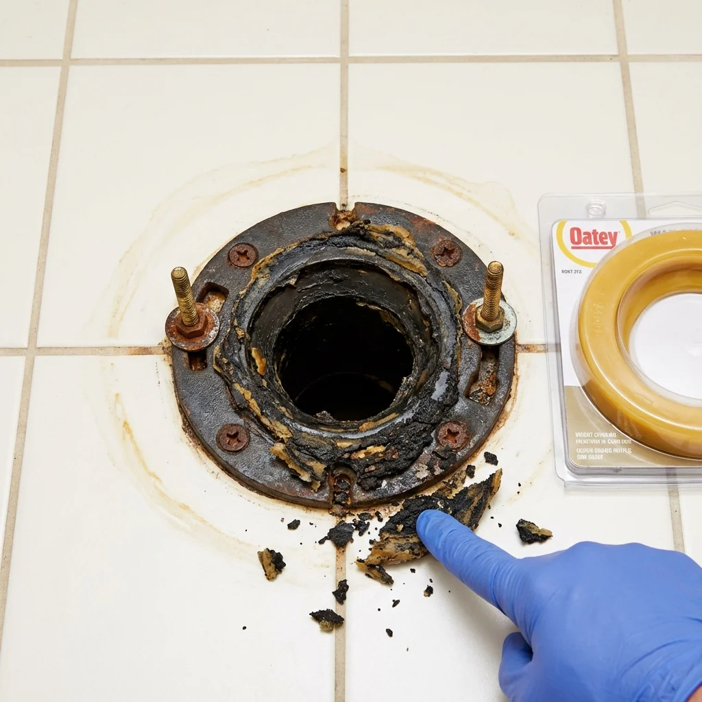 Failed wax ring showing water seepage at the base of a toilet in a Saint Ignace, MI home