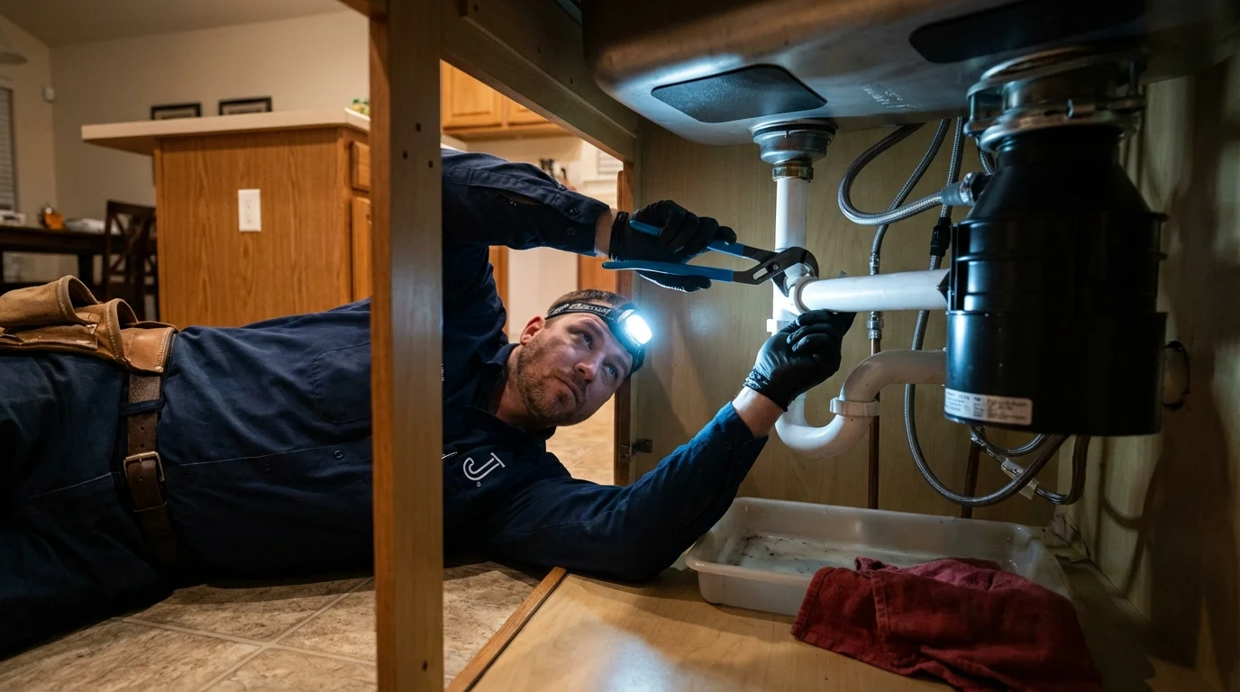 P-trap and supply line connections under a kitchen sink showing a common leak point in Saint Ignace, MI